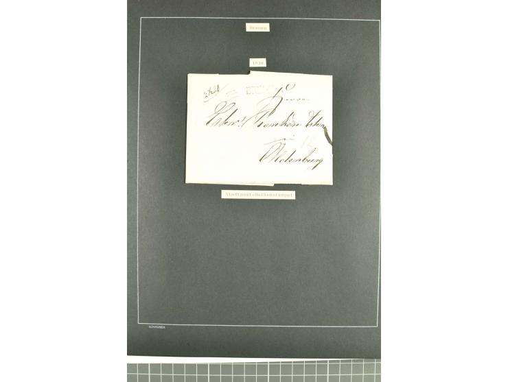1790/1900 (ca.), ungewöhnliche 3bändige Sammlung, nach Orten aufgebaut, meist Vorphila und Privatpost mit einigen besseren Be