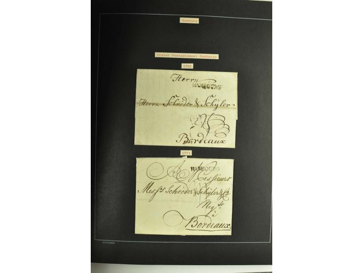 1790/1900 (ca.), ungewöhnliche 3bändige Sammlung, nach Orten aufgebaut, meist Vorphila und Privatpost mit einigen besseren Be