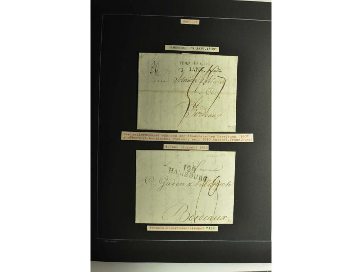 1790/1900 (ca.), ungewöhnliche 3bändige Sammlung, nach Orten aufgebaut, meist Vorphila und Privatpost mit einigen besseren Be