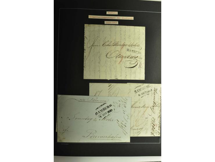 1790/1900 (ca.), ungewöhnliche 3bändige Sammlung, nach Orten aufgebaut, meist Vorphila und Privatpost mit einigen besseren Be