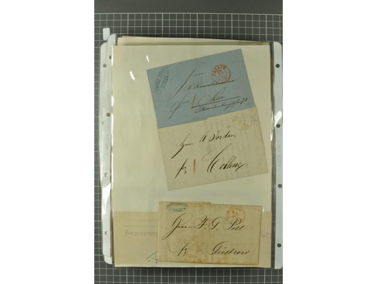 1867/77, FRANCO-Stempel Aachen bis Thorn, umfangreiche Sammlung mit ca. 350 Briefen und Karten in 3 Alben, dabei Teilbarfrank