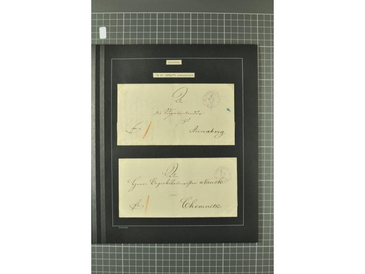 1867/77, FRANCO-Stempel Aachen bis Thorn, umfangreiche Sammlung mit ca. 350 Briefen und Karten in 3 Alben, dabei Teilbarfrank