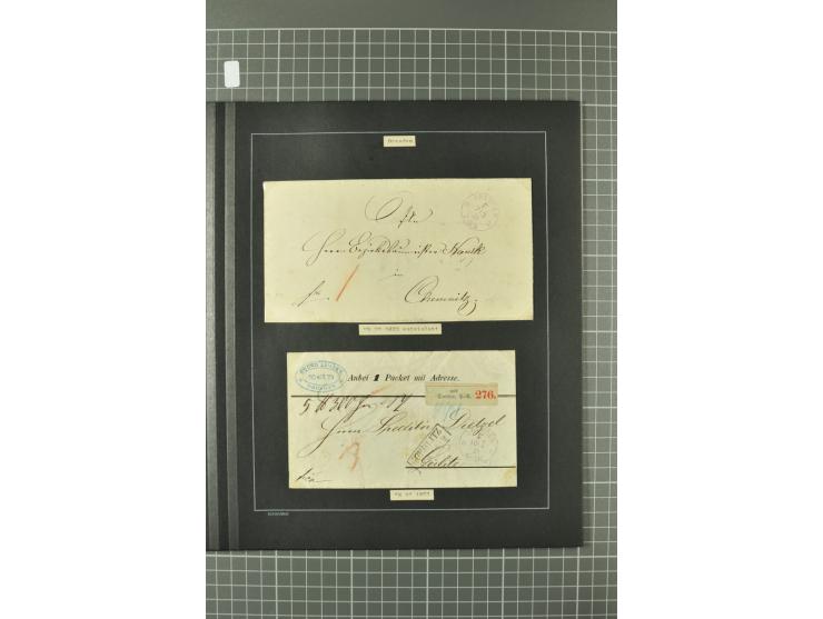 1867/77, FRANCO-Stempel Aachen bis Thorn, umfangreiche Sammlung mit ca. 350 Briefen und Karten in 3 Alben, dabei Teilbarfrank