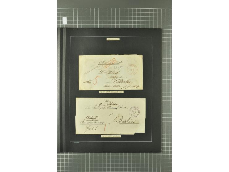 1867/77, FRANCO-Stempel Aachen bis Thorn, umfangreiche Sammlung mit ca. 350 Briefen und Karten in 3 Alben, dabei Teilbarfrank