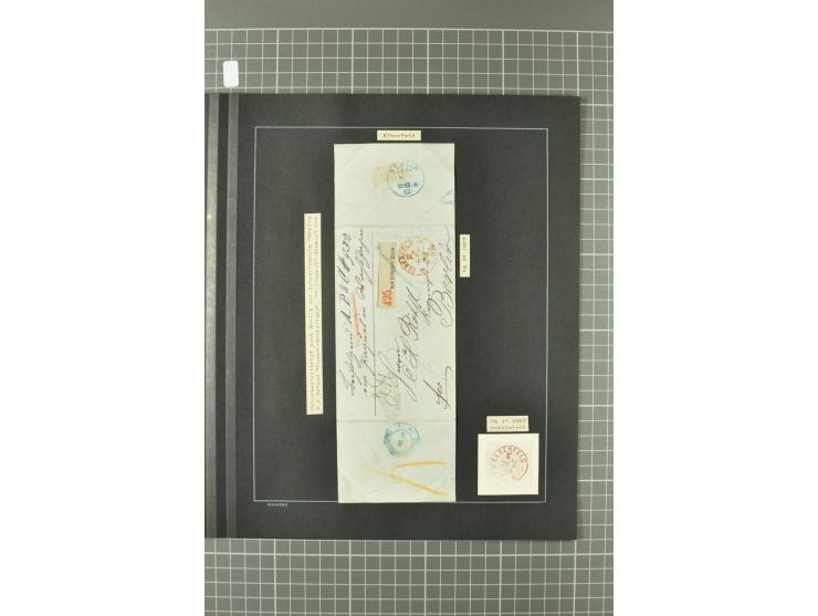 1867/77, FRANCO-Stempel Aachen bis Thorn, umfangreiche Sammlung mit ca. 350 Briefen und Karten in 3 Alben, dabei Teilbarfrank