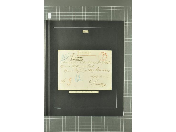 1867/77, FRANCO-Stempel Aachen bis Thorn, umfangreiche Sammlung mit ca. 350 Briefen und Karten in 3 Alben, dabei Teilbarfrank