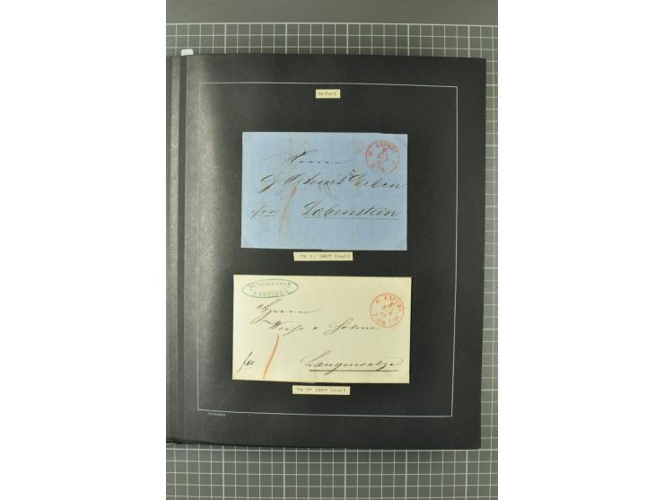 1867/77, FRANCO-Stempel Aachen bis Thorn, umfangreiche Sammlung mit ca. 350 Briefen und Karten in 3 Alben, dabei Teilbarfrank