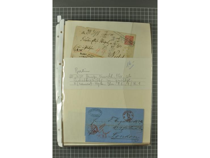 1867/77, FRANCO-Stempel Aachen bis Thorn, umfangreiche Sammlung mit ca. 350 Briefen und Karten in 3 Alben, dabei Teilbarfrank