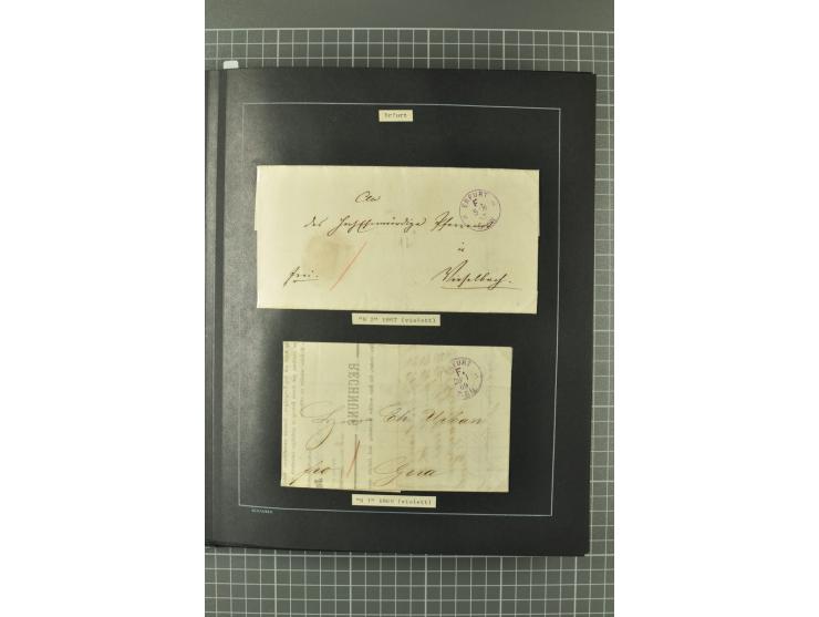1867/77, FRANCO-Stempel Aachen bis Thorn, umfangreiche Sammlung mit ca. 350 Briefen und Karten in 3 Alben, dabei Teilbarfrank