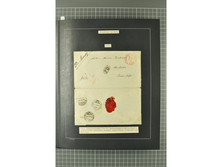 1867/77, FRANCO-Stempel Aachen bis Thorn, umfangreiche Sammlung mit ca. 350 Briefen und Karten in 3 Alben, dabei Teilbarfrank