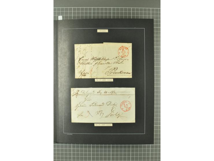 1867/77, FRANCO-Stempel Aachen bis Thorn, umfangreiche Sammlung mit ca. 350 Briefen und Karten in 3 Alben, dabei Teilbarfrank