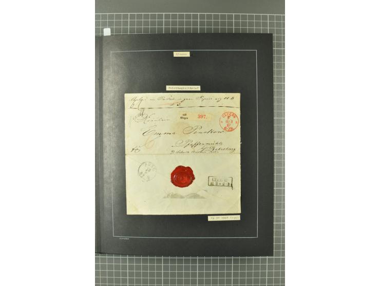 1867/77, FRANCO-Stempel Aachen bis Thorn, umfangreiche Sammlung mit ca. 350 Briefen und Karten in 3 Alben, dabei Teilbarfrank
