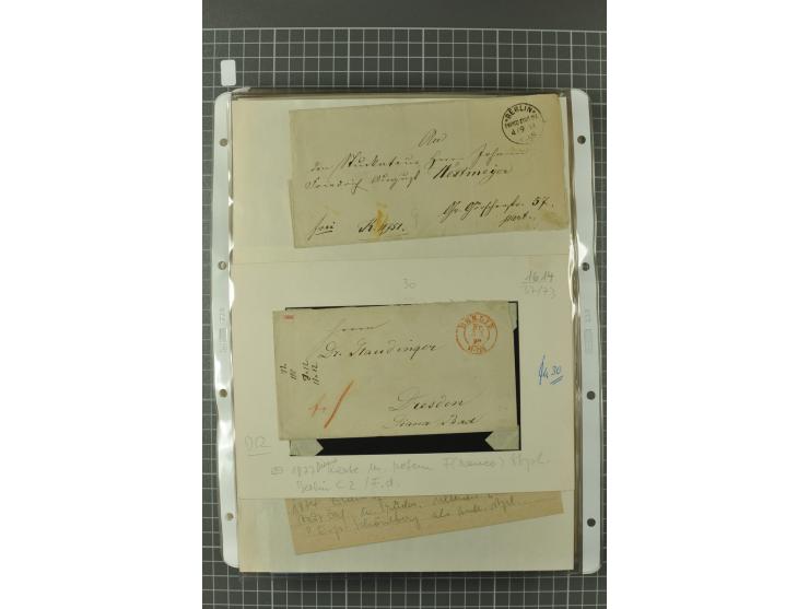 1867/77, FRANCO-Stempel Aachen bis Thorn, umfangreiche Sammlung mit ca. 350 Briefen und Karten in 3 Alben, dabei Teilbarfrank