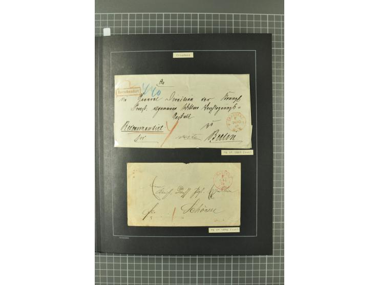 1867/77, FRANCO-Stempel Aachen bis Thorn, umfangreiche Sammlung mit ca. 350 Briefen und Karten in 3 Alben, dabei Teilbarfrank