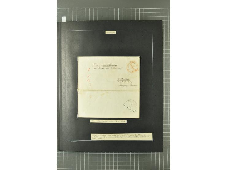1867/77, FRANCO-Stempel Aachen bis Thorn, umfangreiche Sammlung mit ca. 350 Briefen und Karten in 3 Alben, dabei Teilbarfrank