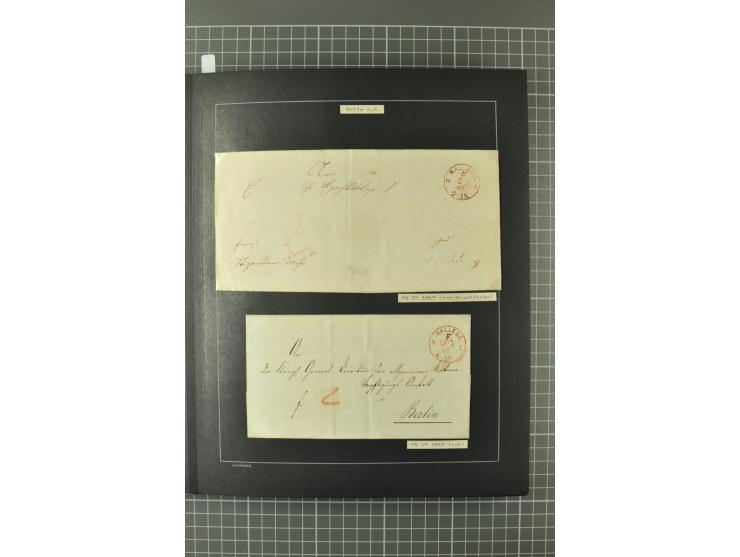 1867/77, FRANCO-Stempel Aachen bis Thorn, umfangreiche Sammlung mit ca. 350 Briefen und Karten in 3 Alben, dabei Teilbarfrank