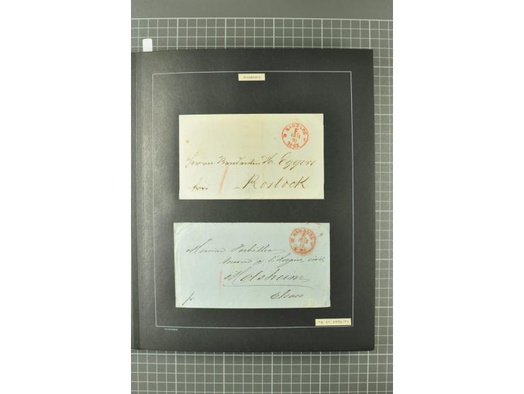 1867/77, FRANCO-Stempel Aachen bis Thorn, umfangreiche Sammlung mit ca. 350 Briefen und Karten in 3 Alben, dabei Teilbarfrank