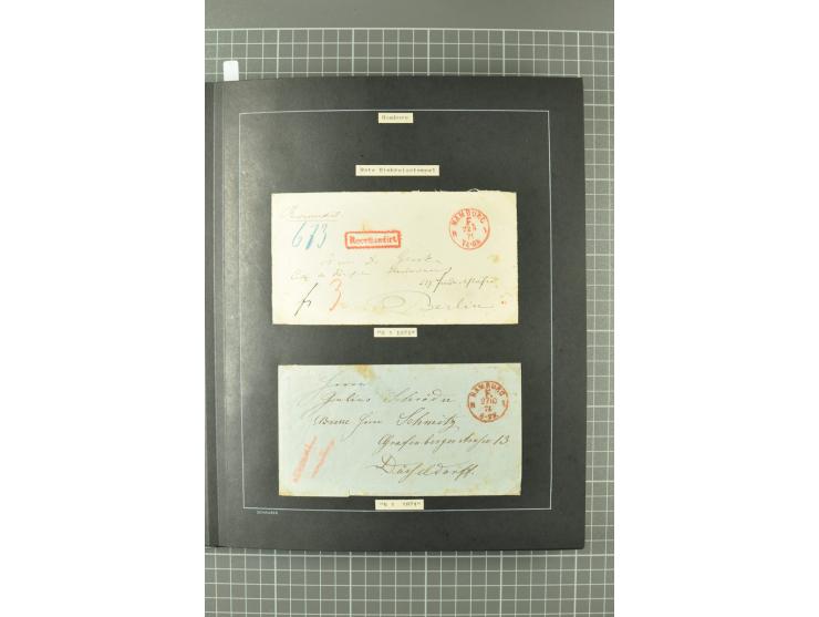 1867/77, FRANCO-Stempel Aachen bis Thorn, umfangreiche Sammlung mit ca. 350 Briefen und Karten in 3 Alben, dabei Teilbarfrank