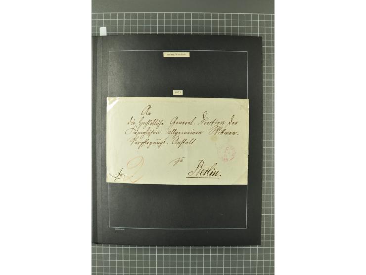1867/77, FRANCO-Stempel Aachen bis Thorn, umfangreiche Sammlung mit ca. 350 Briefen und Karten in 3 Alben, dabei Teilbarfrank