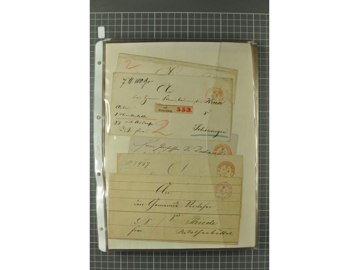 1867/77, FRANCO-Stempel Aachen bis Thorn, umfangreiche Sammlung mit ca. 350 Briefen und Karten in 3 Alben, dabei Teilbarfrank