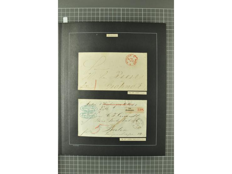 1867/77, FRANCO-Stempel Aachen bis Thorn, umfangreiche Sammlung mit ca. 350 Briefen und Karten in 3 Alben, dabei Teilbarfrank
