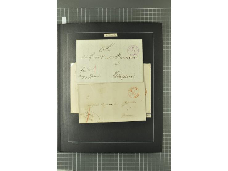 1867/77, FRANCO-Stempel Aachen bis Thorn, umfangreiche Sammlung mit ca. 350 Briefen und Karten in 3 Alben, dabei Teilbarfrank