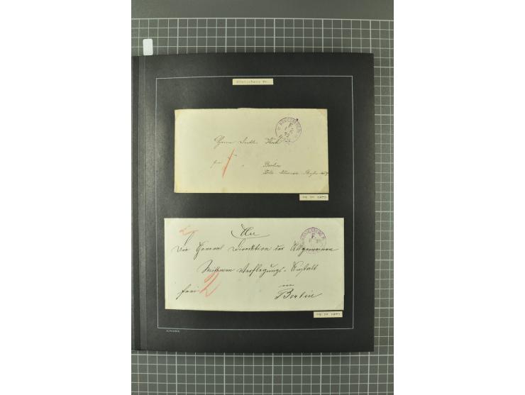 1867/77, FRANCO-Stempel Aachen bis Thorn, umfangreiche Sammlung mit ca. 350 Briefen und Karten in 3 Alben, dabei Teilbarfrank