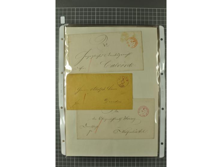 1867/77, FRANCO-Stempel Aachen bis Thorn, umfangreiche Sammlung mit ca. 350 Briefen und Karten in 3 Alben, dabei Teilbarfrank