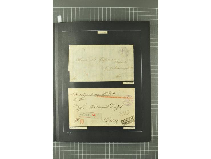 1867/77, FRANCO-Stempel Aachen bis Thorn, umfangreiche Sammlung mit ca. 350 Briefen und Karten in 3 Alben, dabei Teilbarfrank