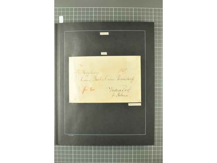 1867/77, FRANCO-Stempel Aachen bis Thorn, umfangreiche Sammlung mit ca. 350 Briefen und Karten in 3 Alben, dabei Teilbarfrank