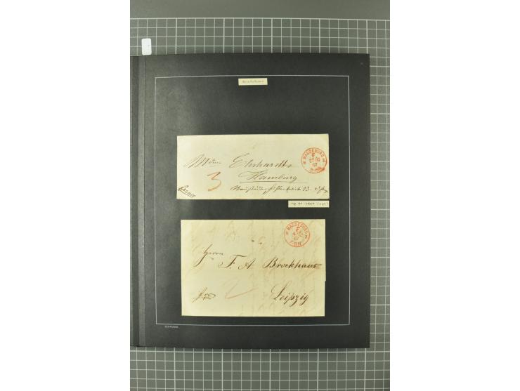 1867/77, FRANCO-Stempel Aachen bis Thorn, umfangreiche Sammlung mit ca. 350 Briefen und Karten in 3 Alben, dabei Teilbarfrank