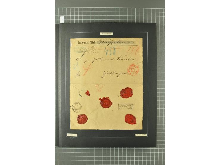 1867/77, FRANCO-Stempel Aachen bis Thorn, umfangreiche Sammlung mit ca. 350 Briefen und Karten in 3 Alben, dabei Teilbarfrank