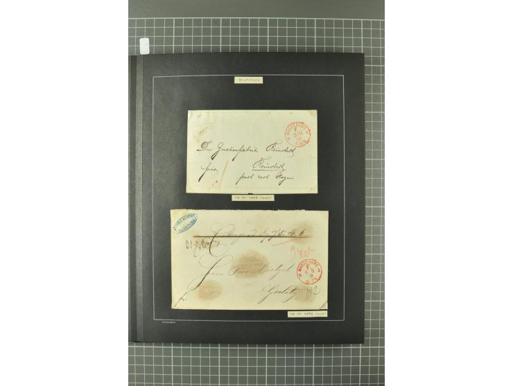 1867/77, FRANCO-Stempel Aachen bis Thorn, umfangreiche Sammlung mit ca. 350 Briefen und Karten in 3 Alben, dabei Teilbarfrank
