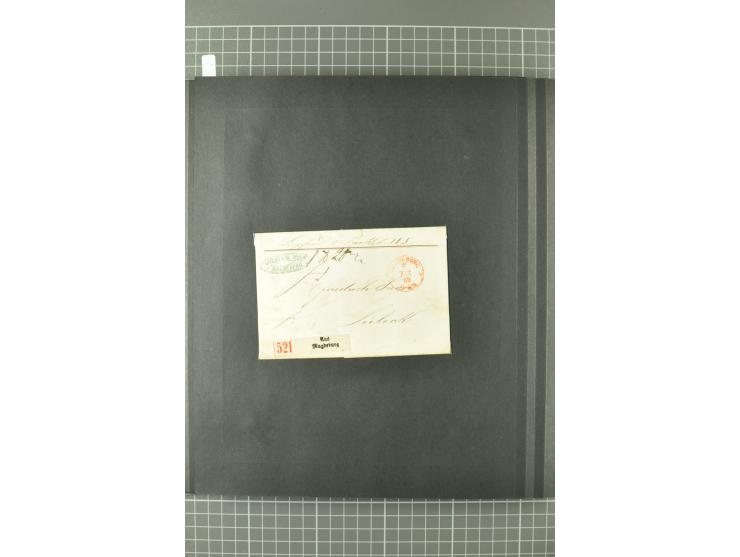 1867/77, FRANCO-Stempel Aachen bis Thorn, umfangreiche Sammlung mit ca. 350 Briefen und Karten in 3 Alben, dabei Teilbarfrank