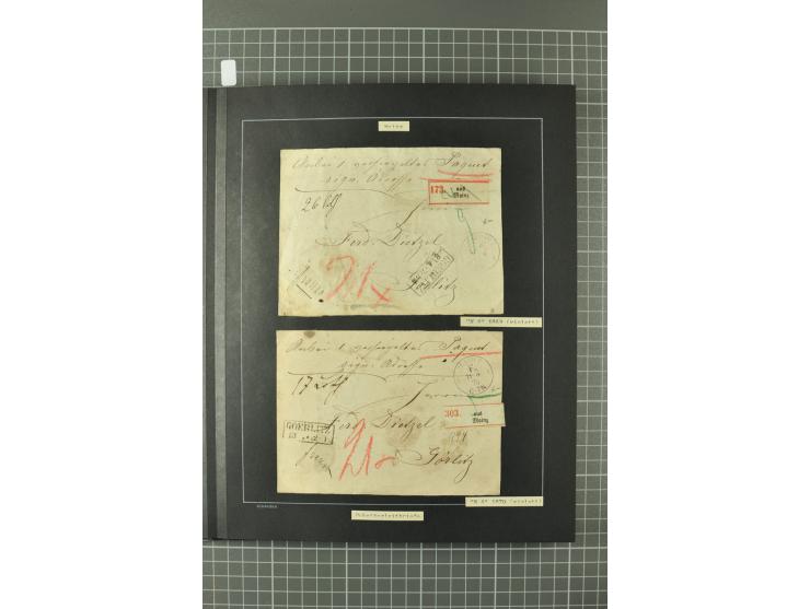 1867/77, FRANCO-Stempel Aachen bis Thorn, umfangreiche Sammlung mit ca. 350 Briefen und Karten in 3 Alben, dabei Teilbarfrank