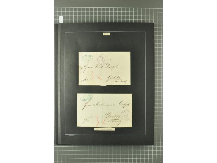 1867/77, FRANCO-Stempel Aachen bis Thorn, umfangreiche Sammlung mit ca. 350 Briefen und Karten in 3 Alben, dabei Teilbarfrank
