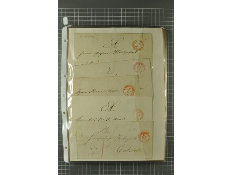 1867/77, FRANCO-Stempel Aachen bis Thorn, umfangreiche Sammlung mit ca. 350 Briefen und Karten in 3 Alben, dabei Teilbarfrank