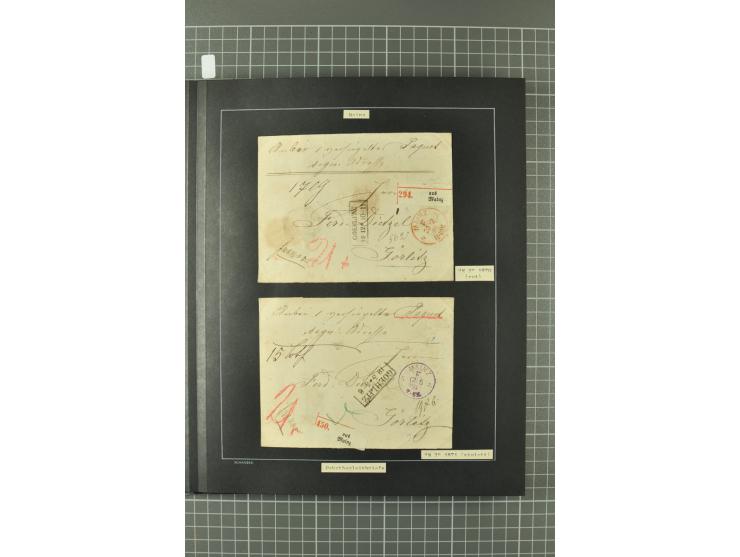 1867/77, FRANCO-Stempel Aachen bis Thorn, umfangreiche Sammlung mit ca. 350 Briefen und Karten in 3 Alben, dabei Teilbarfrank