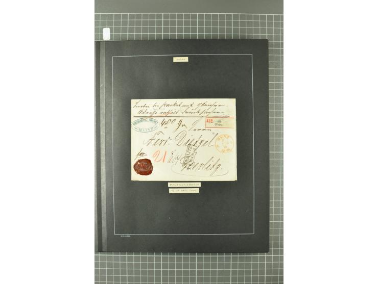 1867/77, FRANCO-Stempel Aachen bis Thorn, umfangreiche Sammlung mit ca. 350 Briefen und Karten in 3 Alben, dabei Teilbarfrank