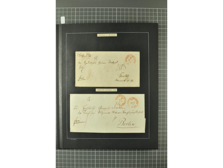 1867/77, FRANCO-Stempel Aachen bis Thorn, umfangreiche Sammlung mit ca. 350 Briefen und Karten in 3 Alben, dabei Teilbarfrank