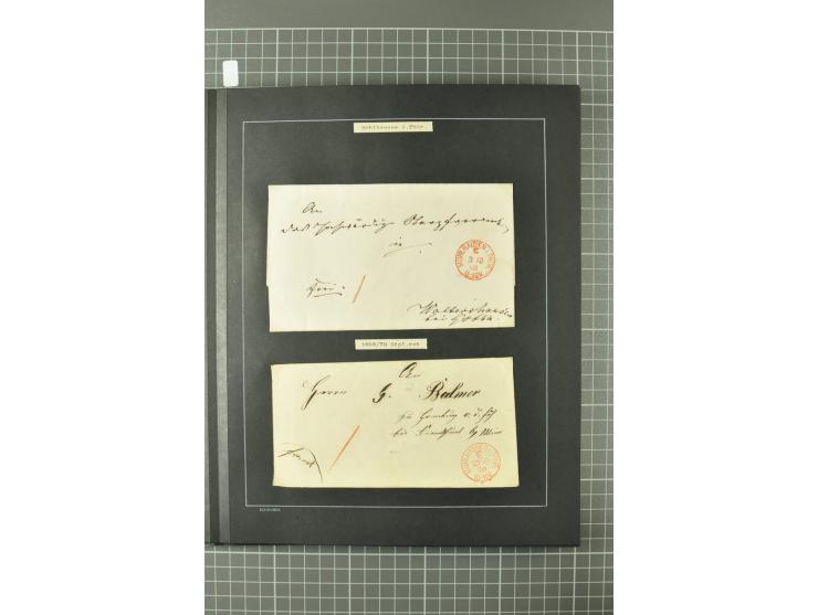 1867/77, FRANCO-Stempel Aachen bis Thorn, umfangreiche Sammlung mit ca. 350 Briefen und Karten in 3 Alben, dabei Teilbarfrank