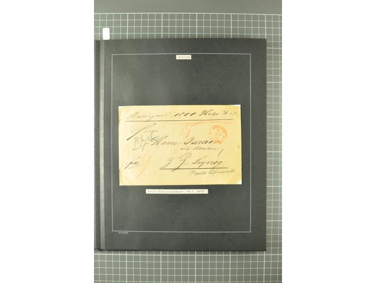 1867/77, FRANCO-Stempel Aachen bis Thorn, umfangreiche Sammlung mit ca. 350 Briefen und Karten in 3 Alben, dabei Teilbarfrank