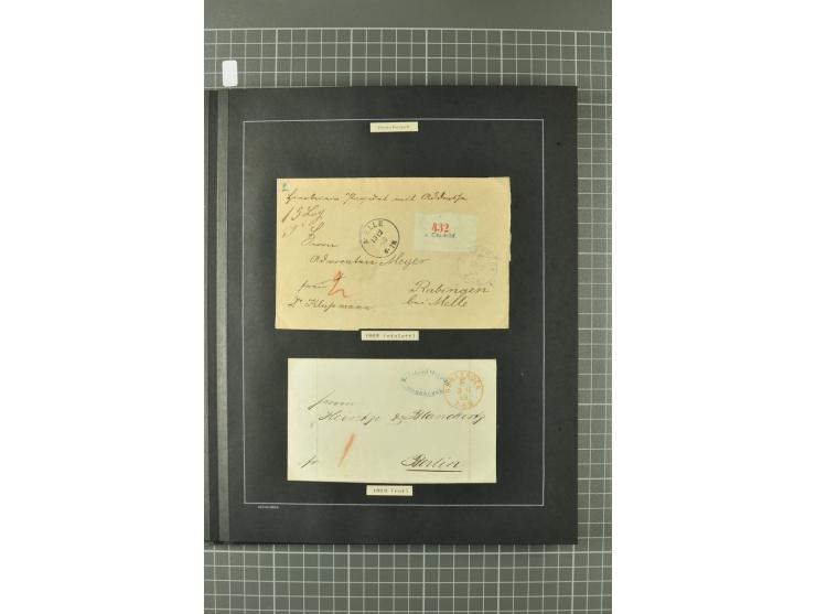 1867/77, FRANCO-Stempel Aachen bis Thorn, umfangreiche Sammlung mit ca. 350 Briefen und Karten in 3 Alben, dabei Teilbarfrank