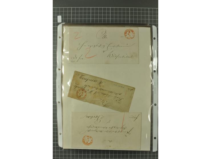 1867/77, FRANCO-Stempel Aachen bis Thorn, umfangreiche Sammlung mit ca. 350 Briefen und Karten in 3 Alben, dabei Teilbarfrank