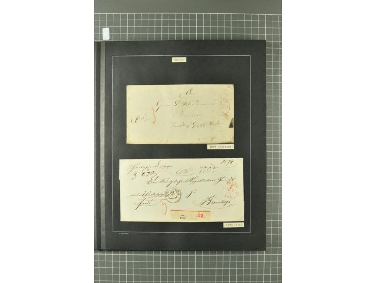 1867/77, FRANCO-Stempel Aachen bis Thorn, umfangreiche Sammlung mit ca. 350 Briefen und Karten in 3 Alben, dabei Teilbarfrank
