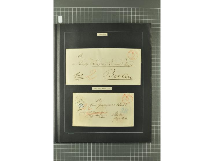 1867/77, FRANCO-Stempel Aachen bis Thorn, umfangreiche Sammlung mit ca. 350 Briefen und Karten in 3 Alben, dabei Teilbarfrank