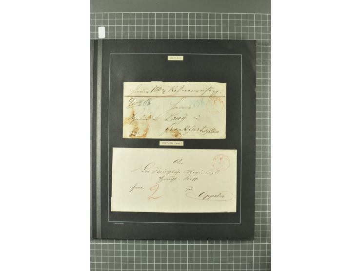 1867/77, FRANCO-Stempel Aachen bis Thorn, umfangreiche Sammlung mit ca. 350 Briefen und Karten in 3 Alben, dabei Teilbarfrank