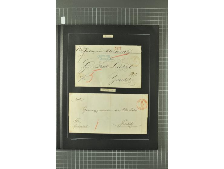 1867/77, FRANCO-Stempel Aachen bis Thorn, umfangreiche Sammlung mit ca. 350 Briefen und Karten in 3 Alben, dabei Teilbarfrank