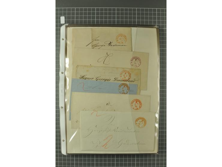 1867/77, FRANCO-Stempel Aachen bis Thorn, umfangreiche Sammlung mit ca. 350 Briefen und Karten in 3 Alben, dabei Teilbarfrank