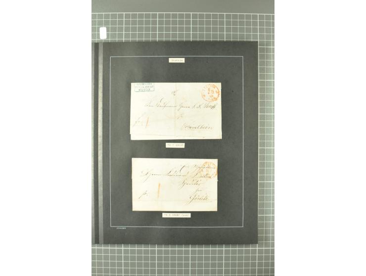 1867/77, FRANCO-Stempel Aachen bis Thorn, umfangreiche Sammlung mit ca. 350 Briefen und Karten in 3 Alben, dabei Teilbarfrank